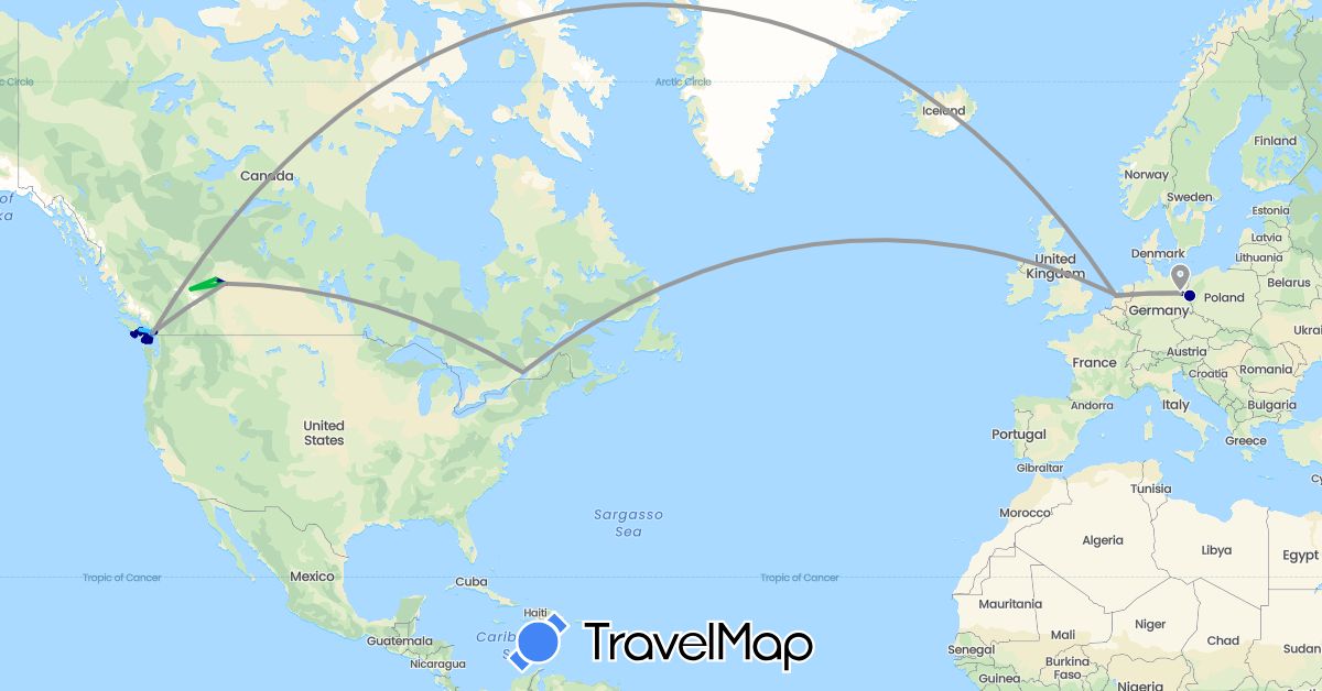 TravelMap itinerary: driving, bus, plane, boat in Canada, Germany, Netherlands (Europe, North America)